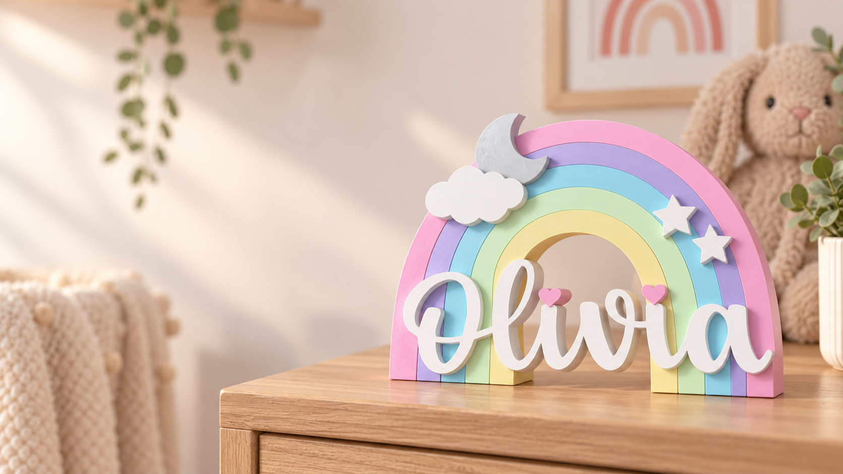 Regenboog naambord "Olivia", gepersonaliseerd 3D-geprint voor de kinderkamer