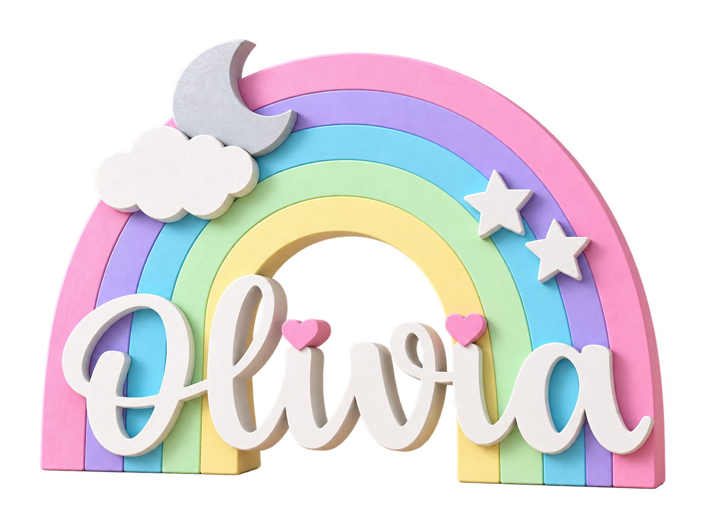 Regenboog naambord 'Olivia', voorbeeld van een gepersonaliseerd naam-generator ontwerp